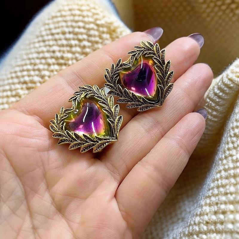 合金仿珍珠耳饰 Lu 2290气质百搭素款复古中古炫彩爱心花简约耳钉