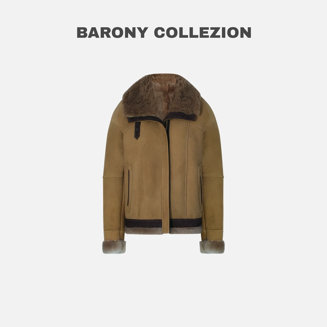 BARONY/【98582】复古机车25-26新绒面卡其色皮草外套皮毛一体