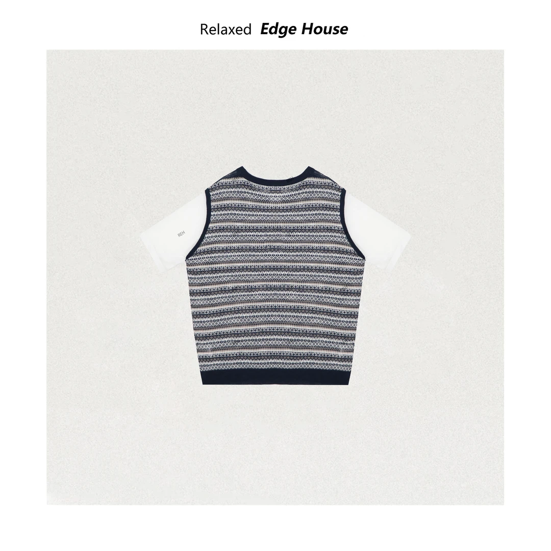 【嘻嘻家】浪漫费尔岛 女士夏季薄款提花撞色假两件短袖针织衫