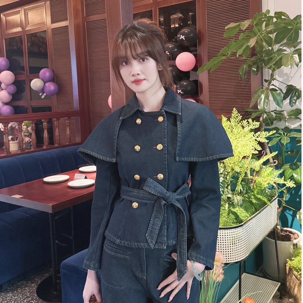 宫延风洋气加绒牛仔外套高腰裤套装时尚两件套牛仔套装SZ1906207