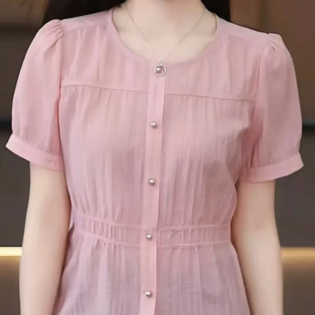 2025夏装热卖圆领短袖衬衣洋气中老年妈妈装纯色衬衫上衣