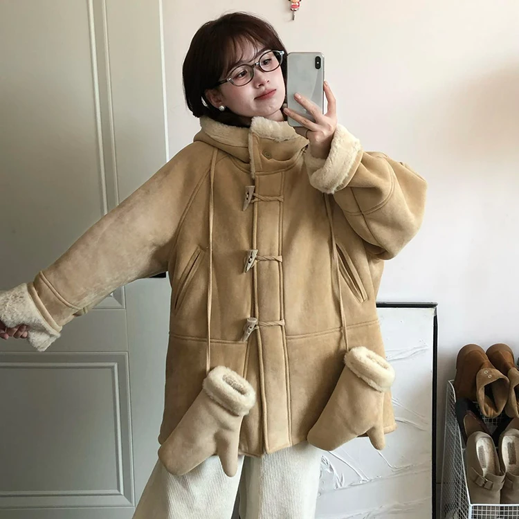 奥顿思兰迪皮毛一体羊羔毛外套女冬加绒加厚韩系宽松保暖连帽上衣