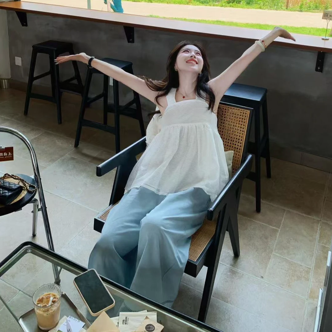 纯欲风潮流风通勤甜美吊带背心褶皱蕾丝小众气质露肩百搭小众裤子