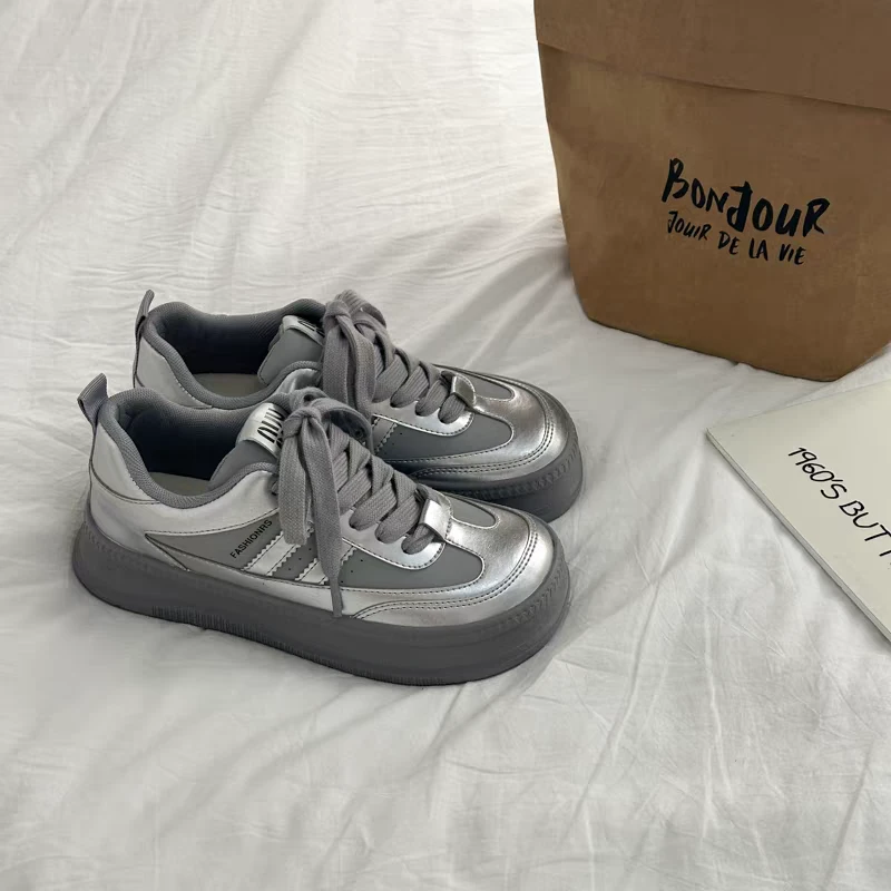 1215 银色厚底夏季新款小白鞋德训鞋板鞋厚底方圆头休闲运动女鞋