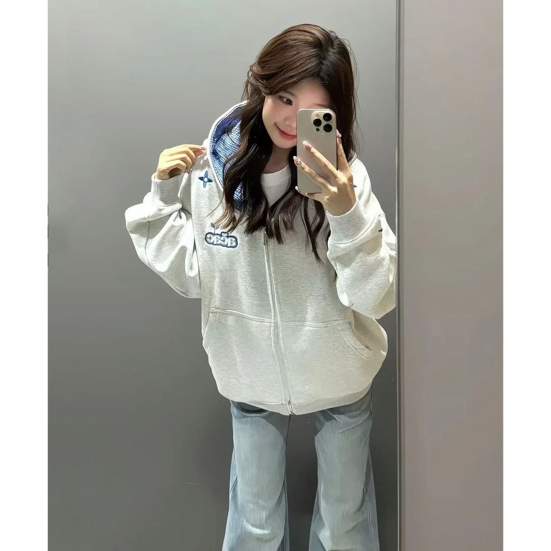 美式复古拼接格子连帽卫衣女宽松设计感小众休闲百搭开衫加绒外套