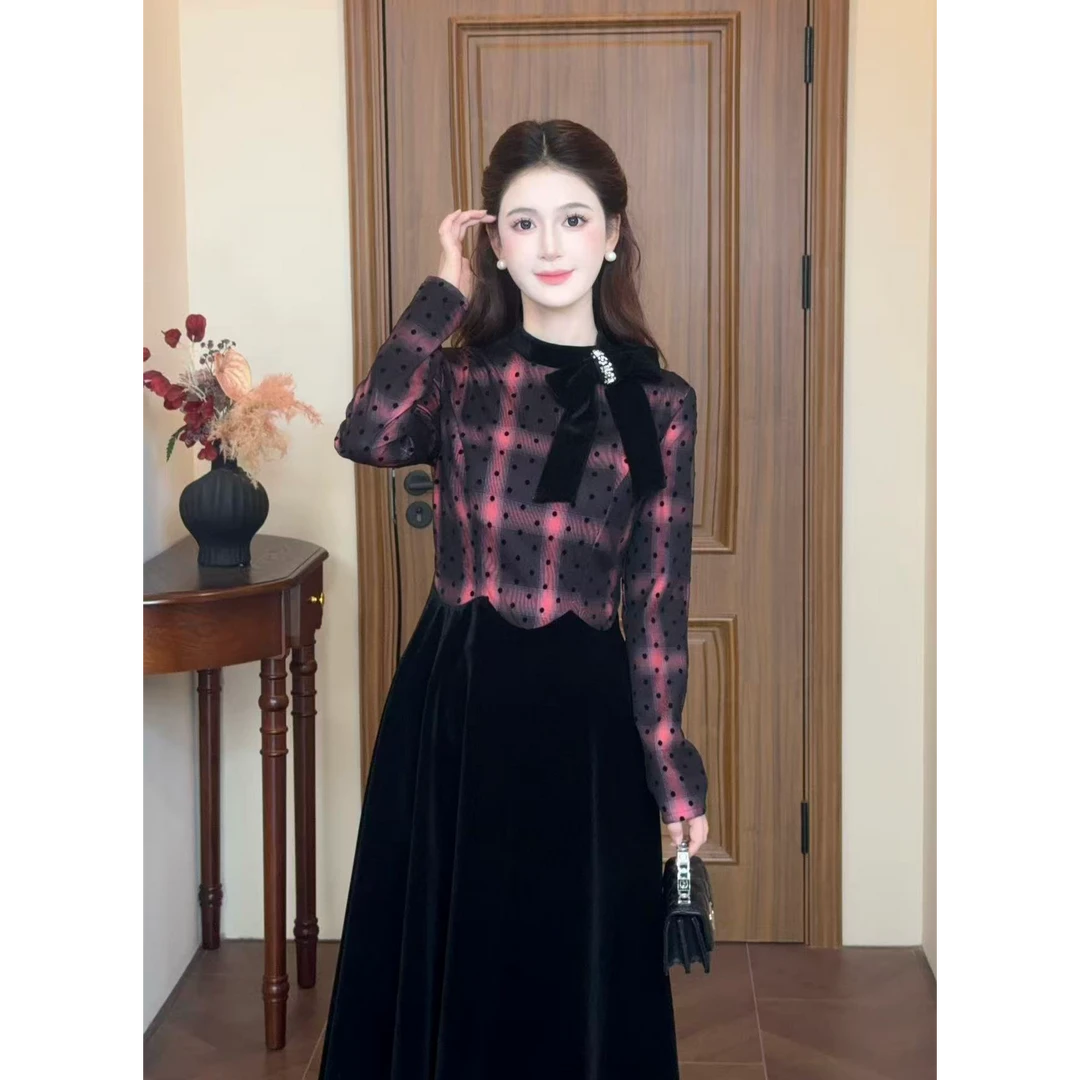 LiLi李李家【昭和甜心】法式复古甜美风丝绒波点连衣裙XMZH10495