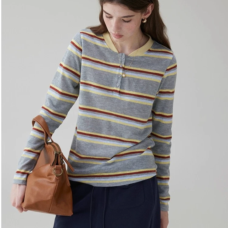 高端货~撞色条纹宽松休闲T恤女秋季新款时尚小众打底衫百搭上衣