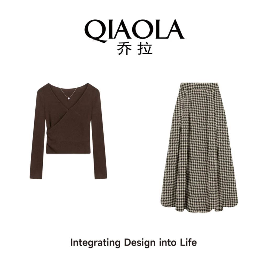 QIAOLA/乔拉【咖啡知己】秋冬季梭织千鸟格V领羊毛混纺时尚套装预售