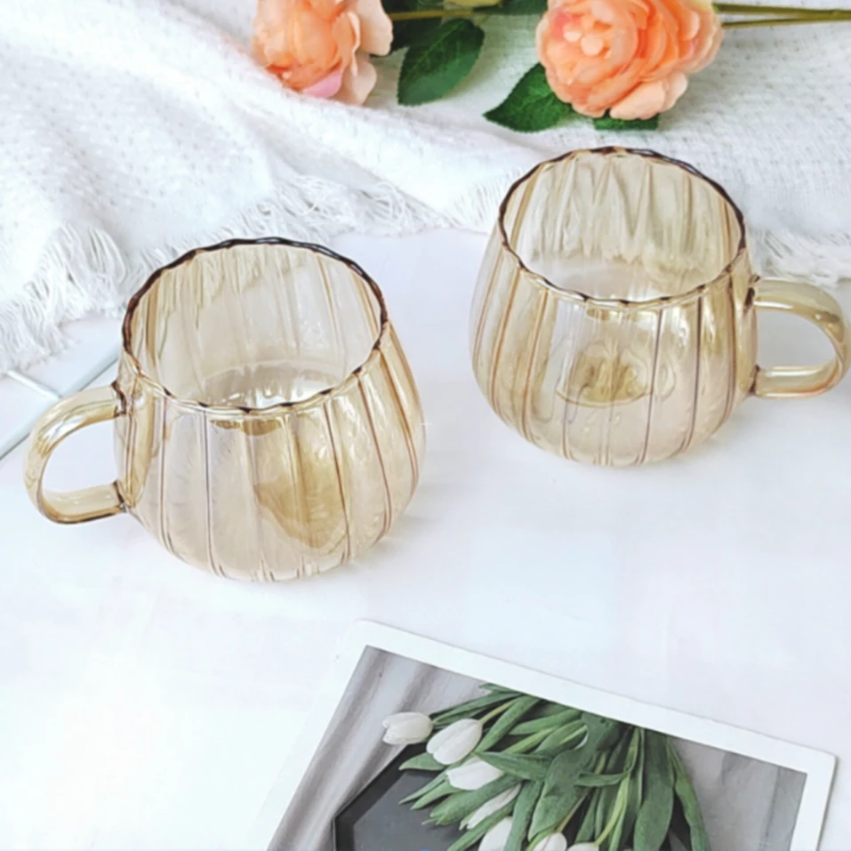 百润严选南瓜琥珀色条纹网红透明高硼硅玻璃杯，拍一发二