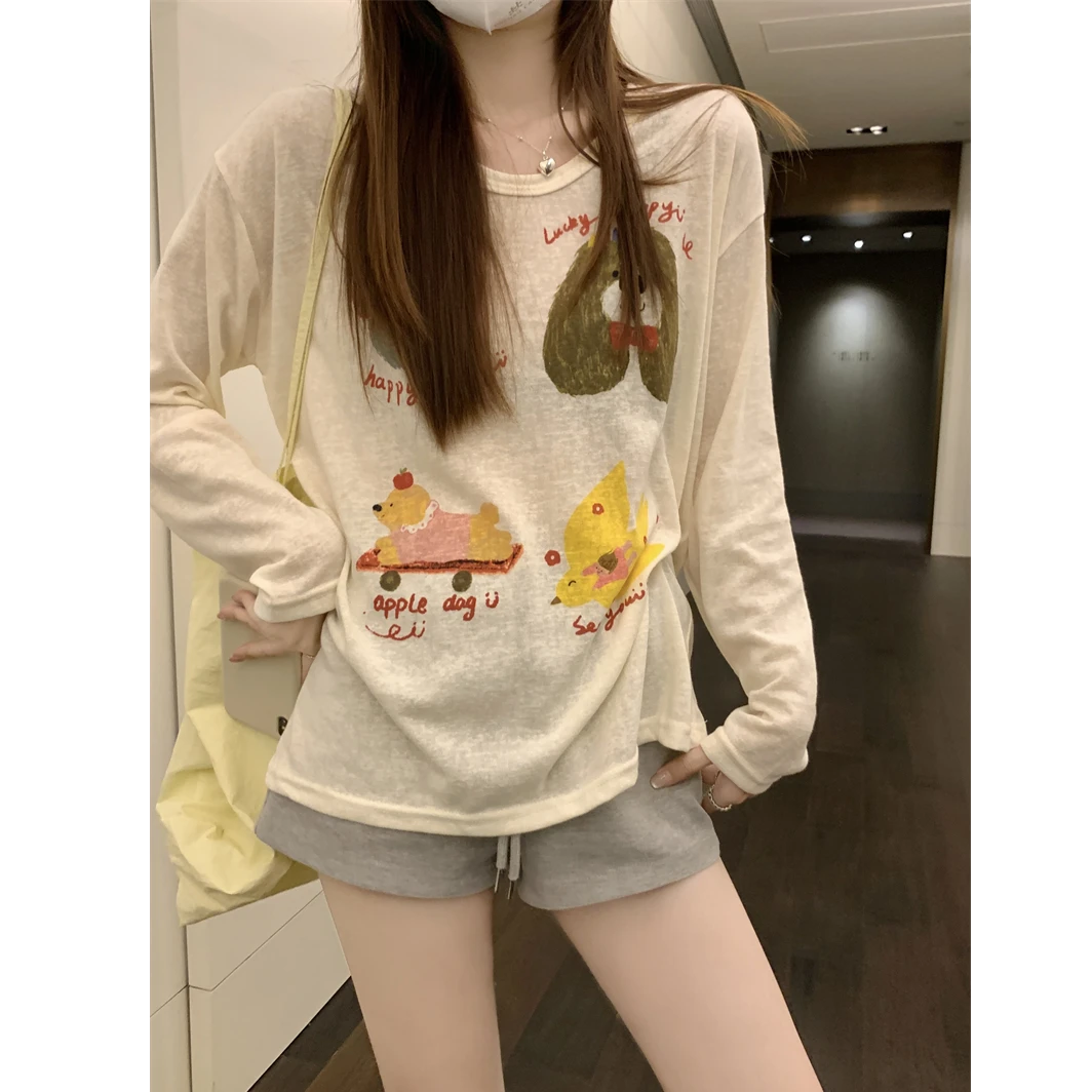 2025夏新款字母可爱狗狗宽松印花T恤长袖时尚休闲ins百搭圆领卡通