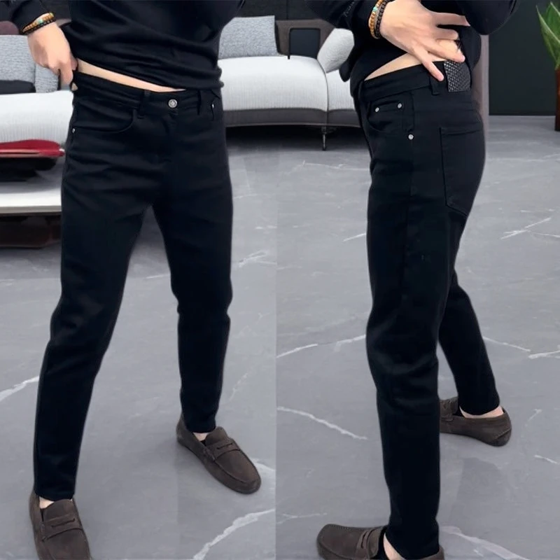 2025秋冬黑色牛仔裤男士轻奢弹力百搭时尚弹力加绒小直筒牛仔裤潮