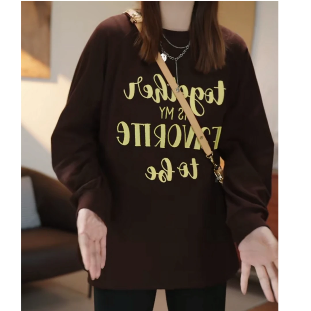 小众圆领字母刺绣设计长袖T恤2025秋冬新款时尚宽松休闲百搭上衣