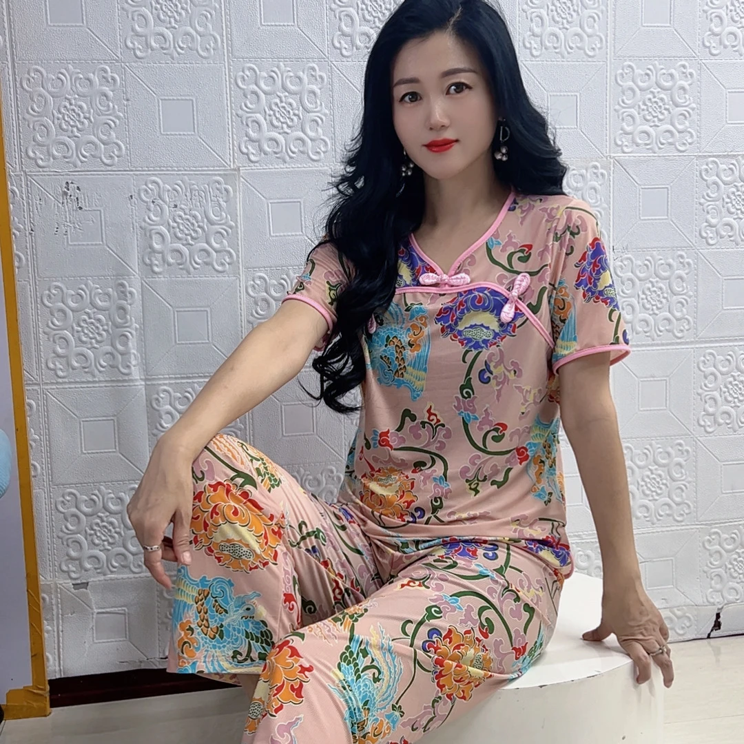 花女人2520洋气时尚休闲网红复古中国风印花中式夏季家居套装