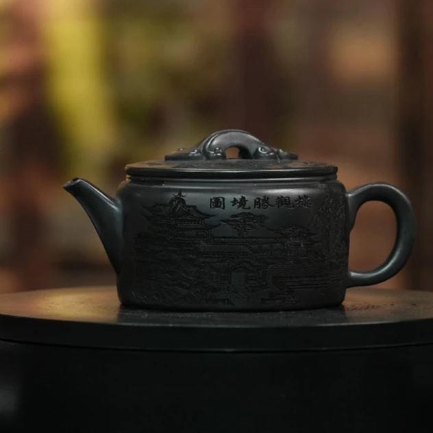 石黄刻绘楼如意汉瓦壶手工茶壶