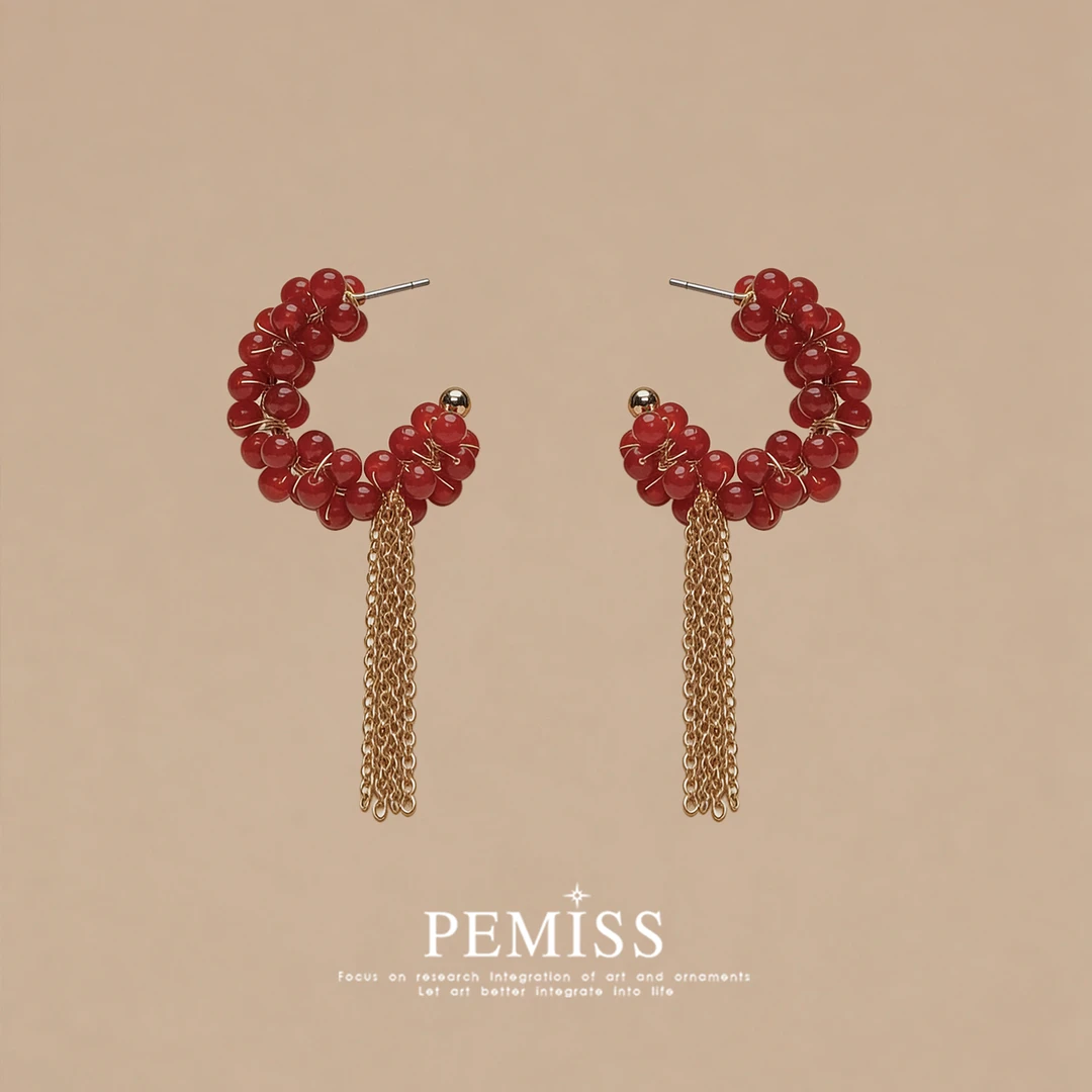 合金珐琅耳饰 新中式红色系轻奢复古流苏耳环C圈显白洋气跨年耳饰