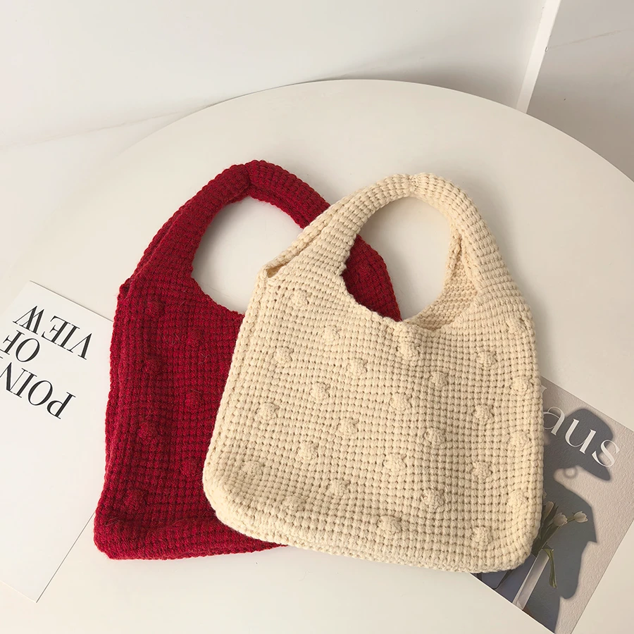 韩版高级感小众手拎包包女秋冬天毛线针织单肩包大容量通勤手提包
