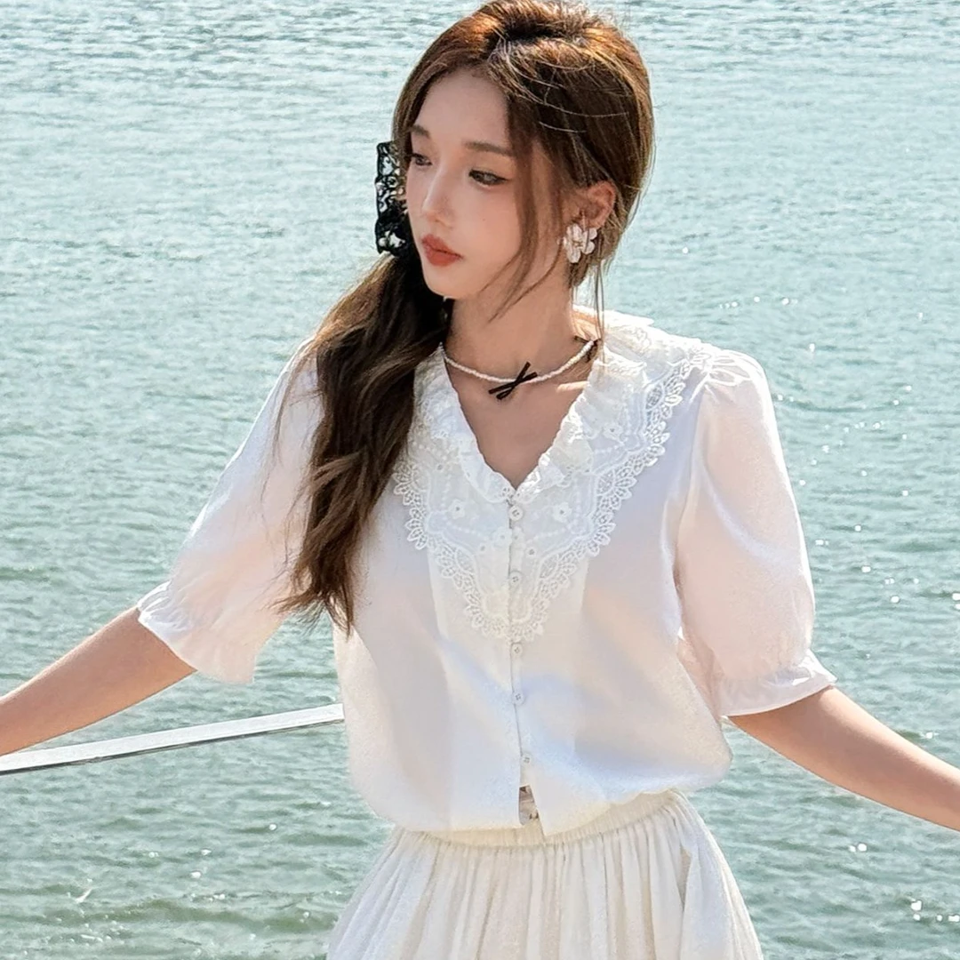 朵白/重生小个子衬衣白色短款衬衫女气质显瘦洋气衣服女欧若风