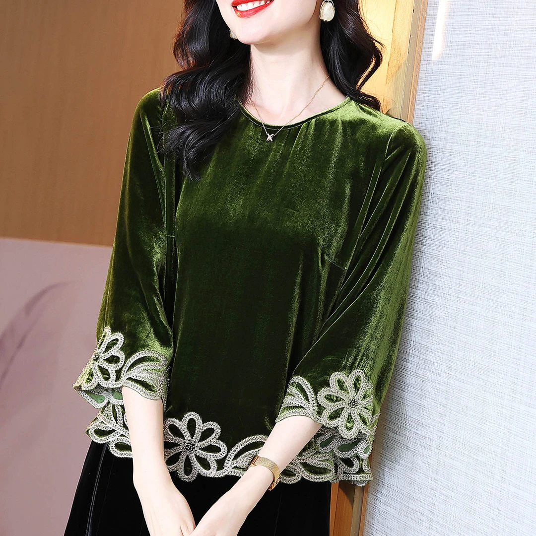 双十一圆领真丝丝绒上衣女洋气显瘦七分袖纯色花朵蕾丝桑蚕丝小衫