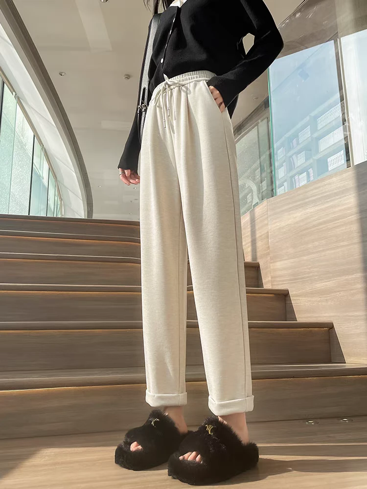 2025新春仿羊绒哈伦裤高腰抽绳卷边百搭显瘦老爹九分裤