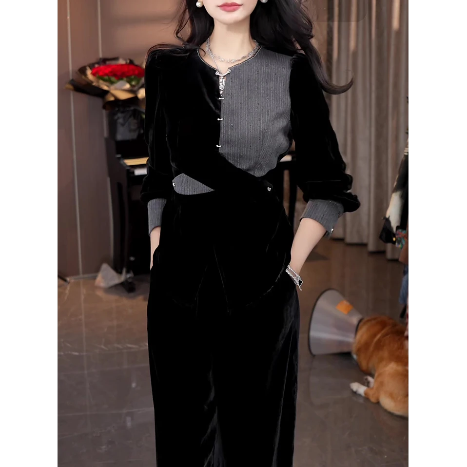 轻奢高级感时尚套装女2025秋季新款洋气优雅收腰长袖衬衫+黑长裤