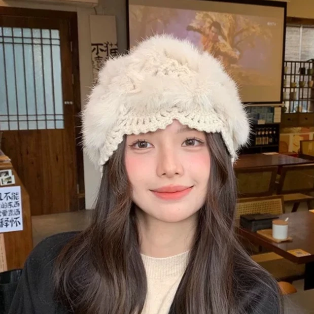 花朵手工帽女针织镂空钩花兔毛帽子秋冬时尚百搭保暖毛线包头帽