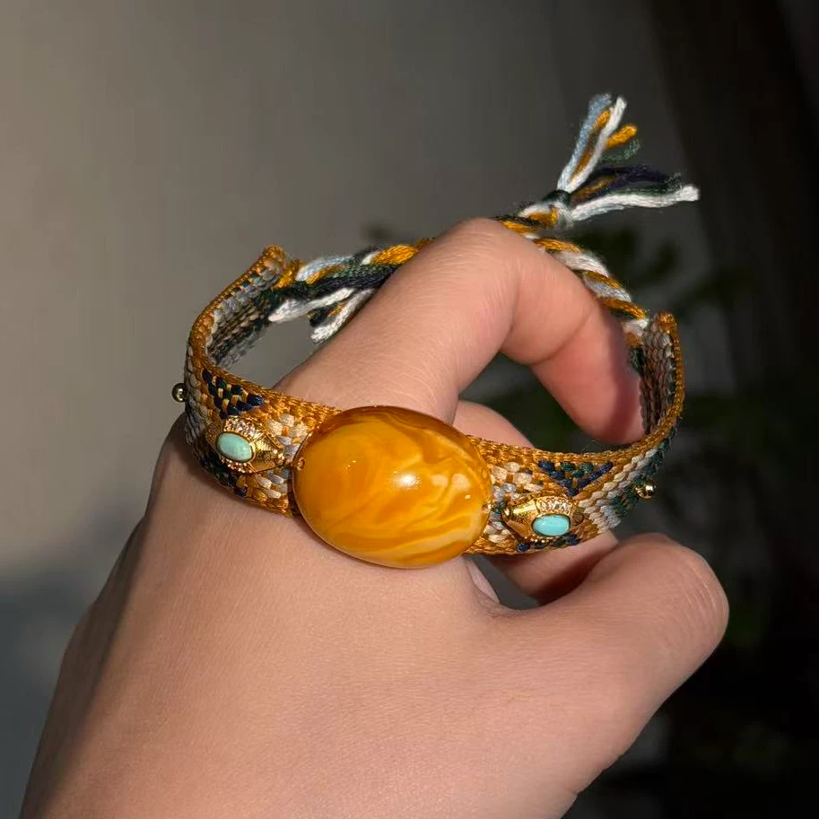 【壹芳珠宝】天然原矿琥珀蜜蜡蛋面手工编织设计手绳