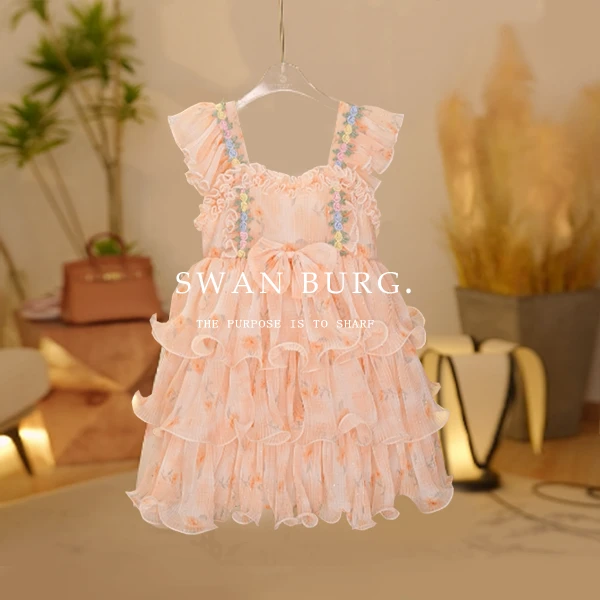 【现货】【Y.d0469】2025新款女童甜美飞袖碎花连衣裙女童夏季公主裙