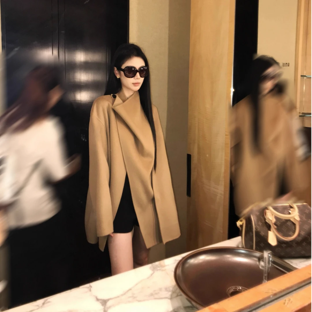 炽铂秋冬新款 不规则领型宽松型中长款毛呢外套百搭外套女装网红