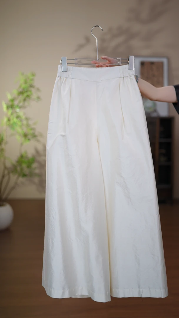 GONG QUE 新中式桑蚕丝双宫绸松紧腰百搭休闲阔腿裤 3140