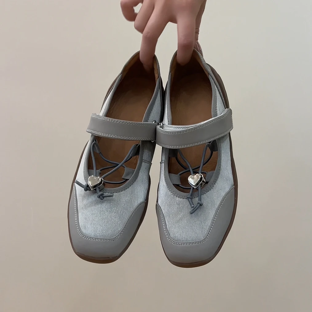 RubyL/3cm设计感抽绳拼接绒面魔术贴百搭舒适方头浅口平底单鞋