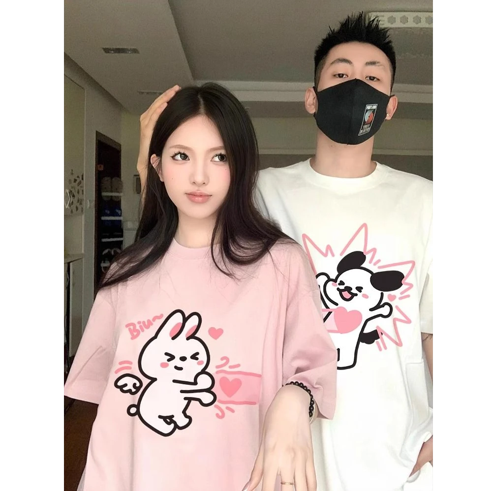 百搭大码情侣装夏季情侣短袖t恤2025新款宽松纯棉潮牌落肩设计T恤