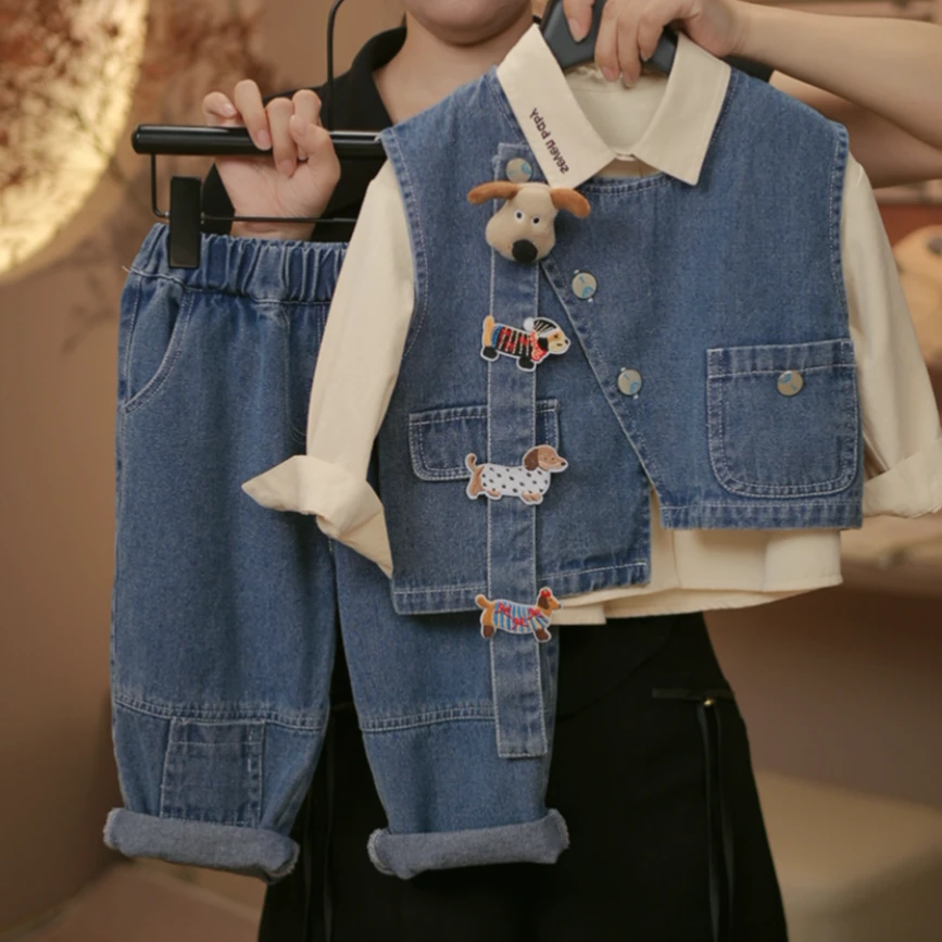 kids儿童牛仔套装2024新款春秋季中小童休闲玩偶马甲三件套24706