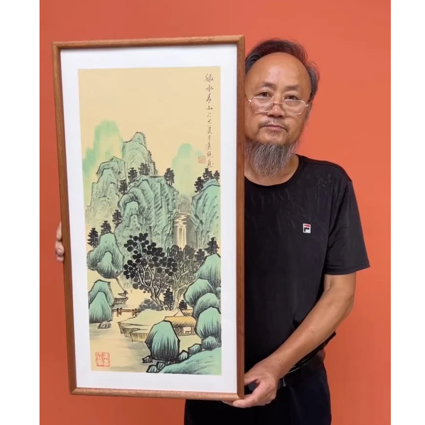 杨远现山水/青山绿水（乌檀木原木框）/古宣/36*69厘米左右