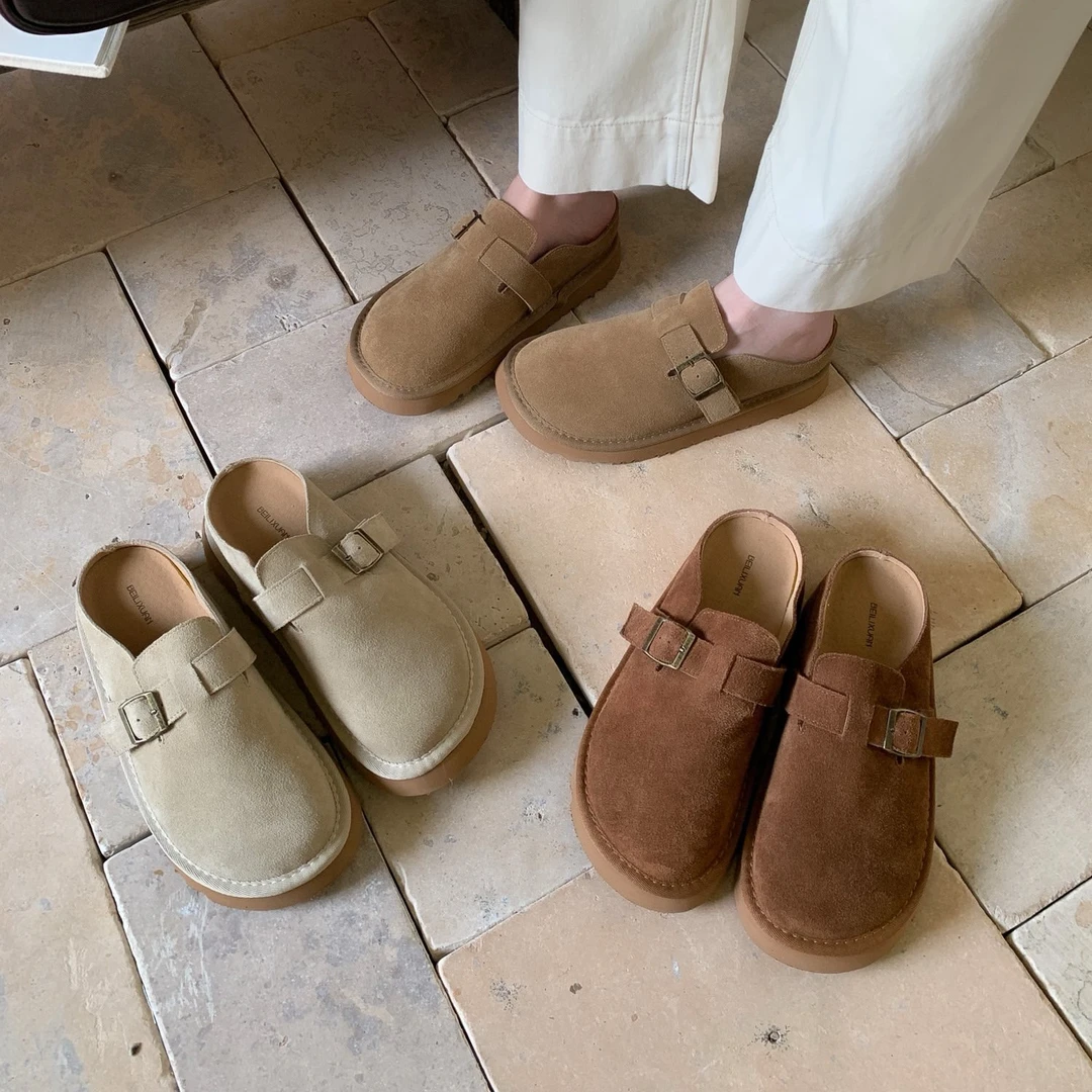 VEEFSHOW 3621-3 复古勃肯鞋磨砂皮低跟百搭时尚韩版包头半拖鞋女