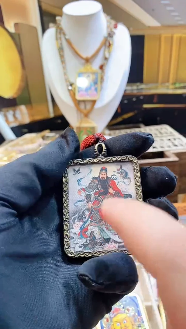 吊坠二爷 西藏唐卡半手绘彩金吊坠