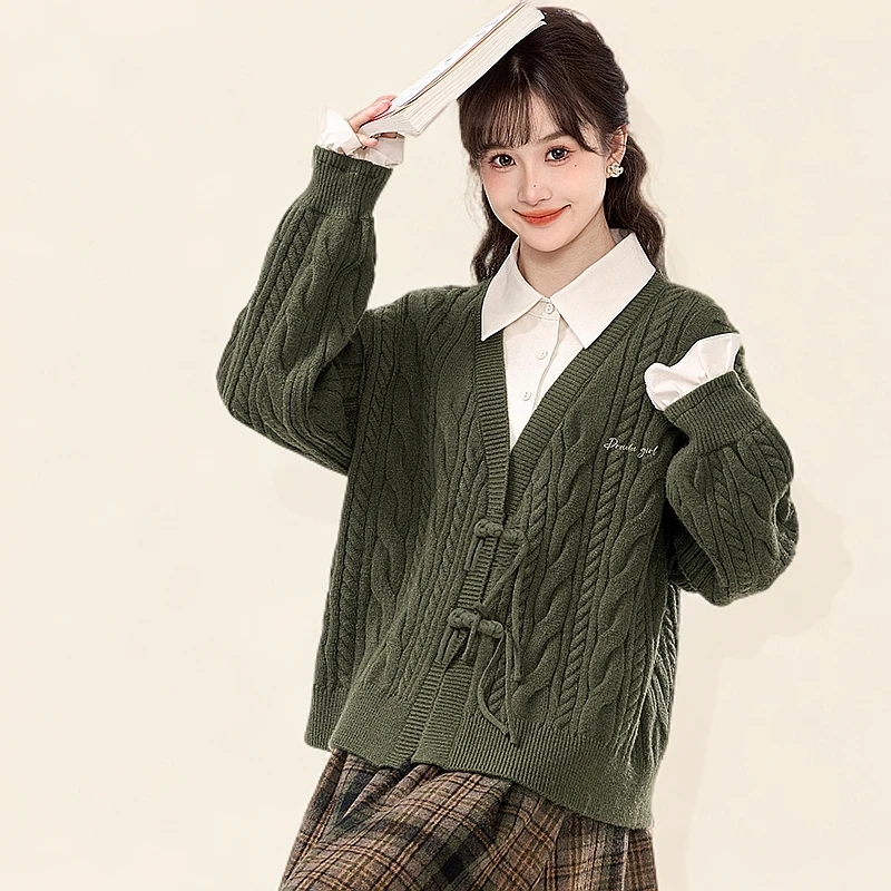 时尚韩版假两件针织衫女2025春季新款POLO领麻花拼接毛衣撞色上衣