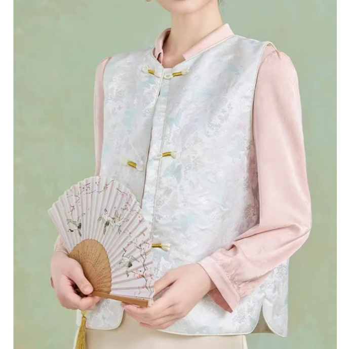 303新中式马夹圆领民族风提花马甲国潮无袖坎肩上衣