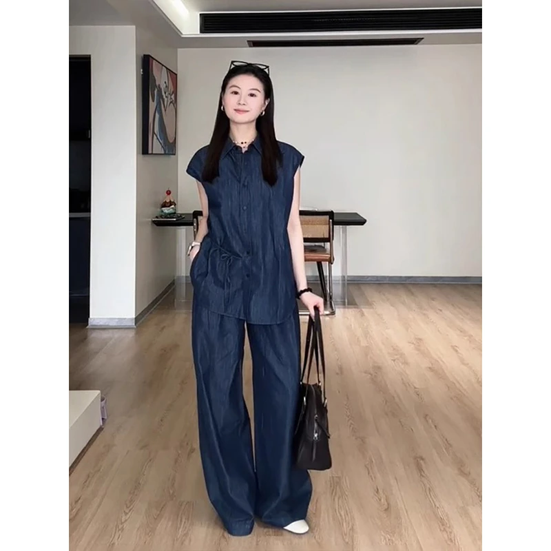 法式简约设计感牛仔衬衫2025年夏季新款时尚百搭显瘦阔腿裤套装女