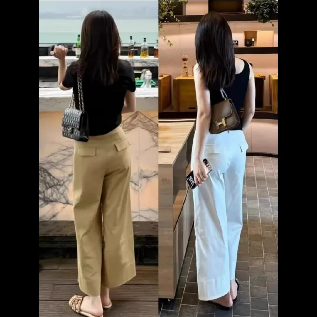 【现货+运费补贴】卡其色高腰直筒阔腿休闲裤梨形身材小个子九分裤