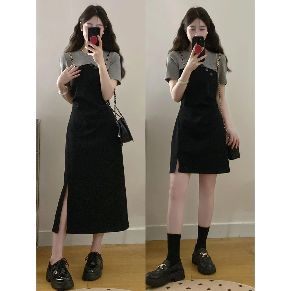 胖mm法式高级感假两件拼接设计感大码收腰显瘦遮肚子百搭连衣裙女