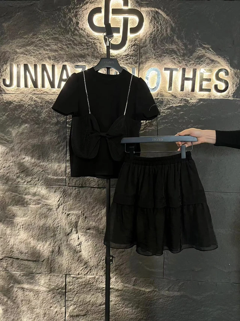 【原创大码设计师款】2024新款显瘦蝴蝶结上衣+半身裙套装4855