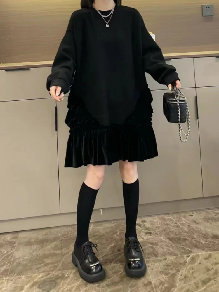 欧货显瘦荷叶拼接连衣裙2025秋季新款大码胖妹妹宽松减龄洋气裙子