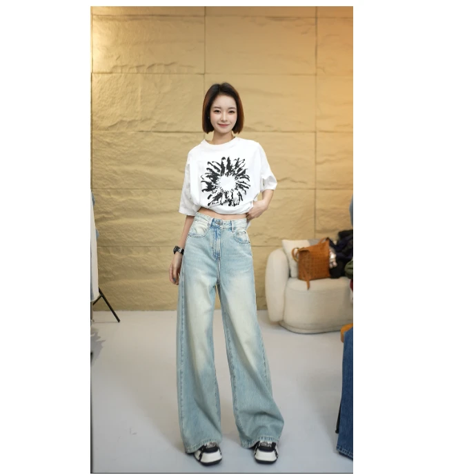 TO【P1031】春季新款浅蓝色水洗中高腰宽松遮肉显瘦直筒牛仔裤