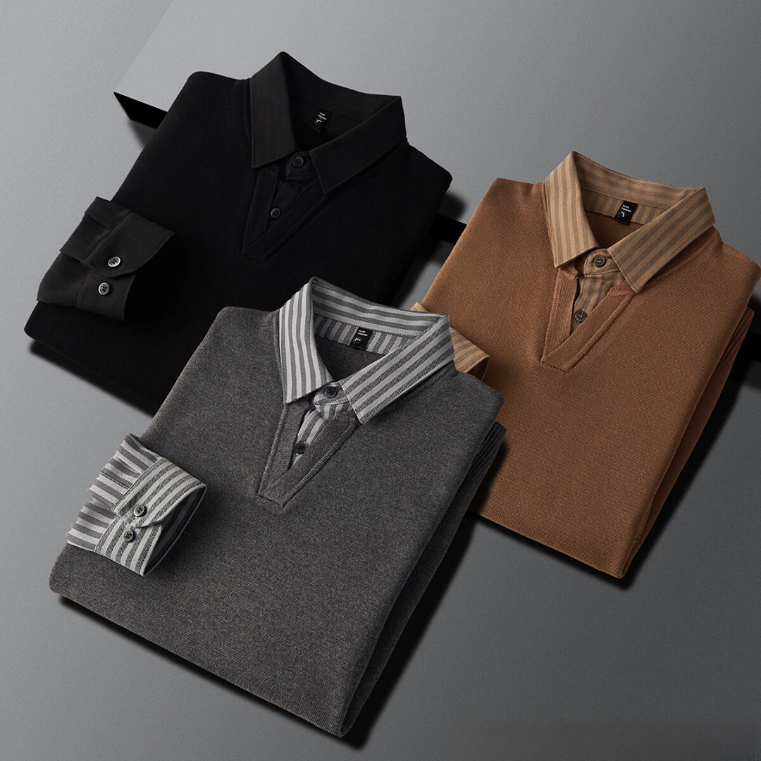 巴康波劳毛衣男假两件秋冬季男款衬衫领上衣男内搭西装针织打底衫