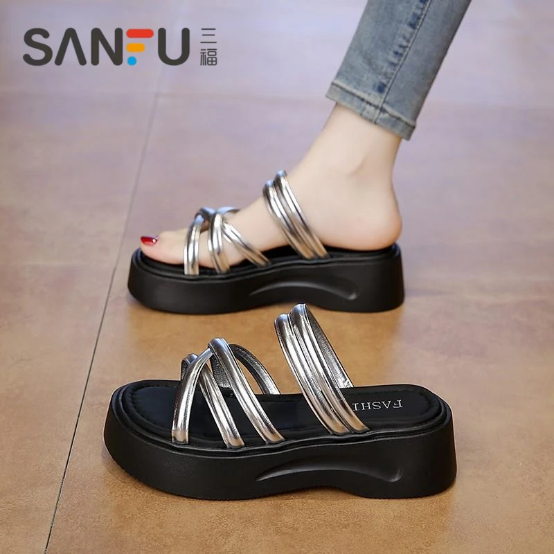 三福两穿凉拖鞋女夏季外穿2025新款配裙子一字拖厚底休闲沙滩凉鞋