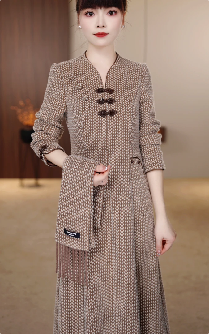 麦穗 围巾款中长款妈妈优雅气质显瘦旗袍连衣裙中国风修身毛呢