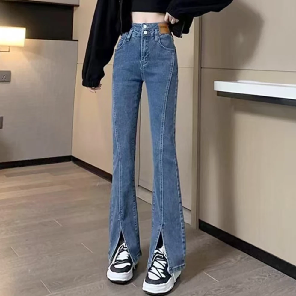 2025春季新款时尚百搭修身两粒扣牛仔微喇裤显瘦休闲开叉裤子5319