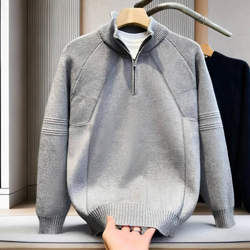 殿若半高领拉链毛衣男秋冬季新款宽松套头纯色打底针织衫男生潮流