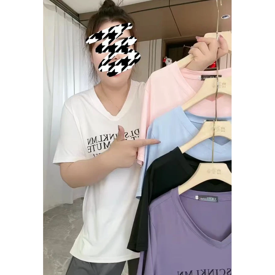 夏季新款大码显瘦女V领速干冰皮短袖T桖衫5071