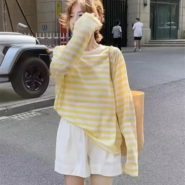 高腰撞色条纹T恤速干薄款条纹防晒长袖秋季微透